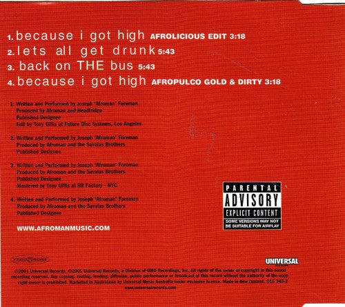 Afroman - Because I Got High 4 Track CD Single