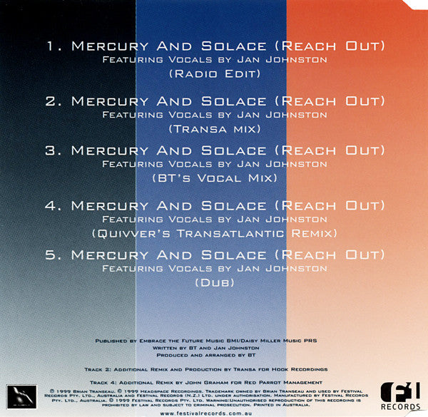 BT - Mercury And Solace (Reach Out) 5 Track CD Single