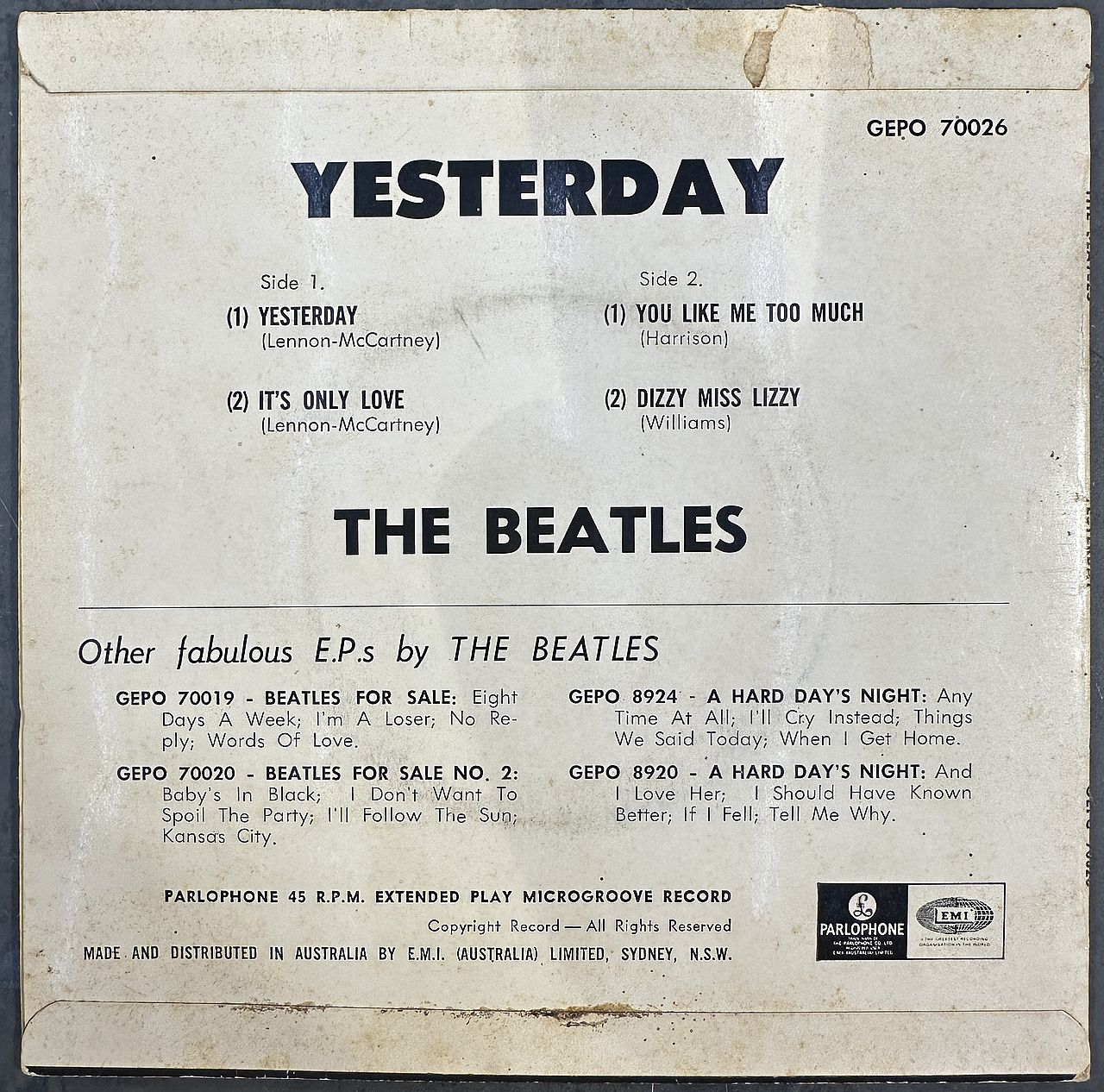 Beatles – Yesterday 7" EP Vinyl (Used)