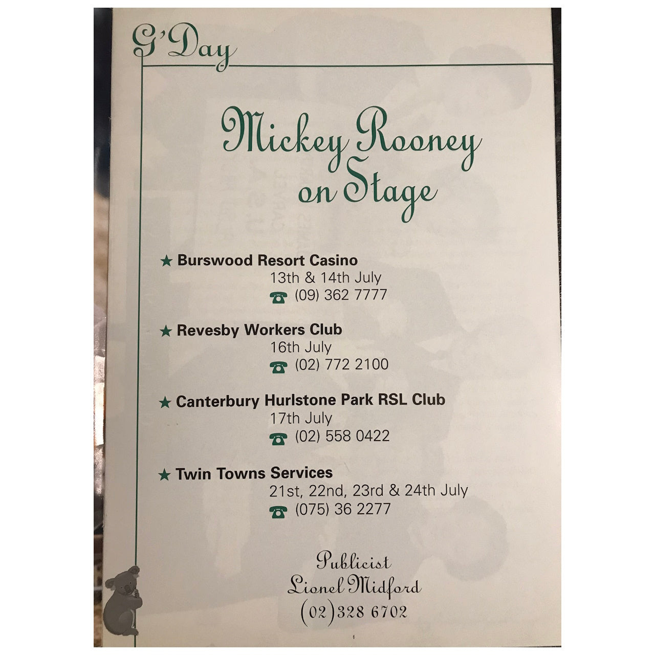 Mickey Rooney - Australian Tour 1994 Original Concert Tour Program Autographed