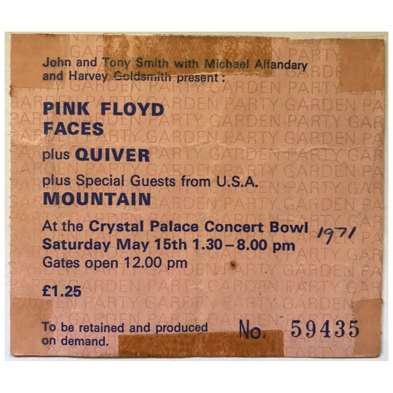 Pink Floyd - Garden Party At The Crystal Palace Bowl 1971 Original Concert Tour Program With Ticket
