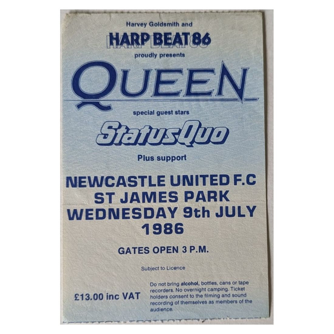 Queen  - With Support Status Quo 1986 Original Vintage Concert Ticket