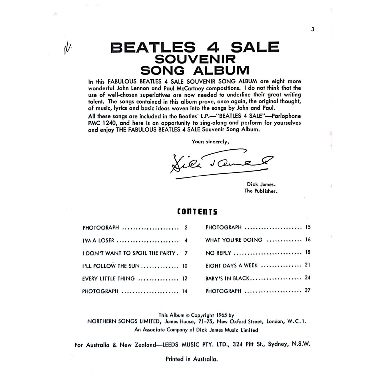 Beatles - Beatles 4 Sale Souvenir Song Album Australian Sheet Music Book (1965)