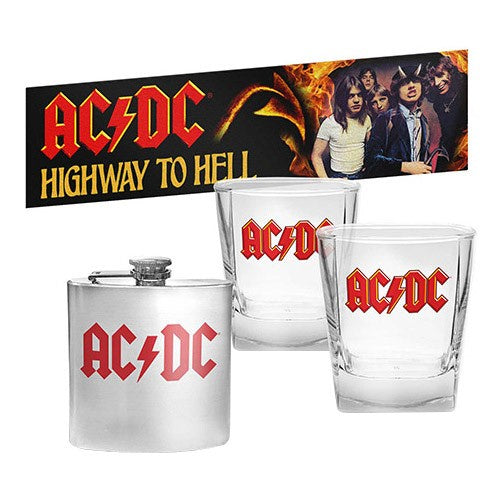 AC/DC - Set of  2 Spirit Glasses, Hip Flask & Neoprene Bar Mat