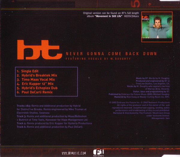 BT Featuring M. Doughty - Never Gonna Come Back Down (Remixes) 6 Track CD Single