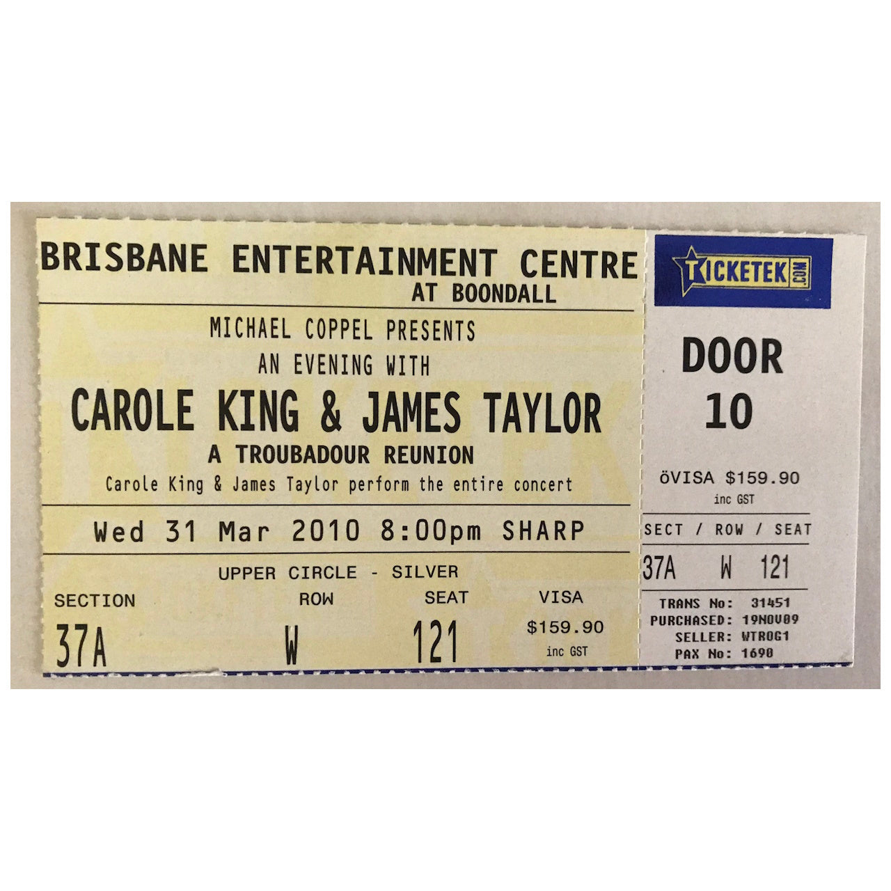 Carole King & James Taylor - Troubadour Reunion Tour 2010 Original Concert Tour Program With Concert Ticket
