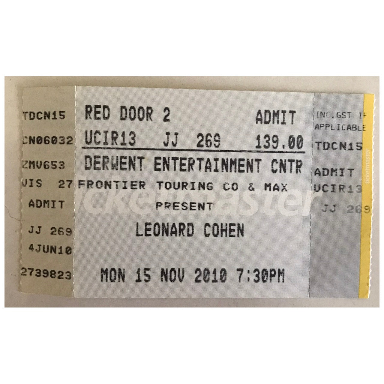 Leonard Cohen - Tour 2010 Original Concert Tour Program With Concert Ticket