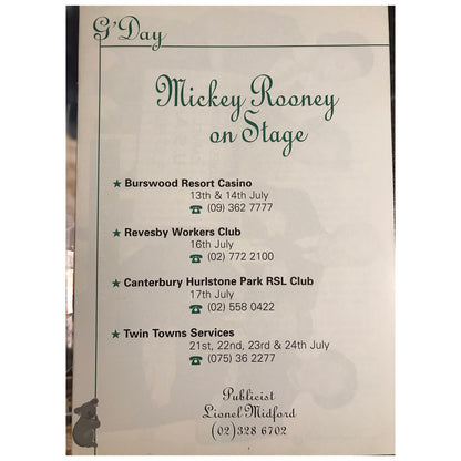 Mickey Rooney - Australian Tour 1994 Original Concert Tour Program Autographed