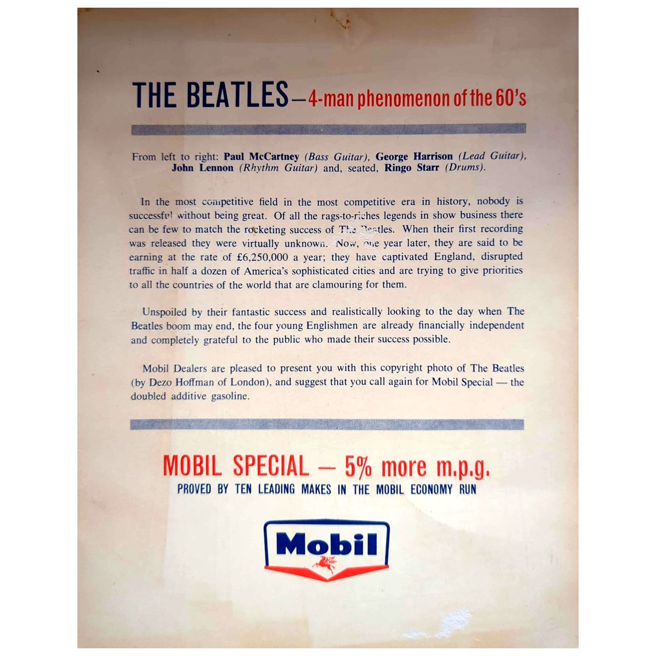Beatles - Original 1960s Mobil Oil Collectable Promo Photo Poster Card