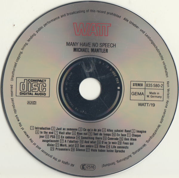 Michael Mantler – Many Have No Speech CD