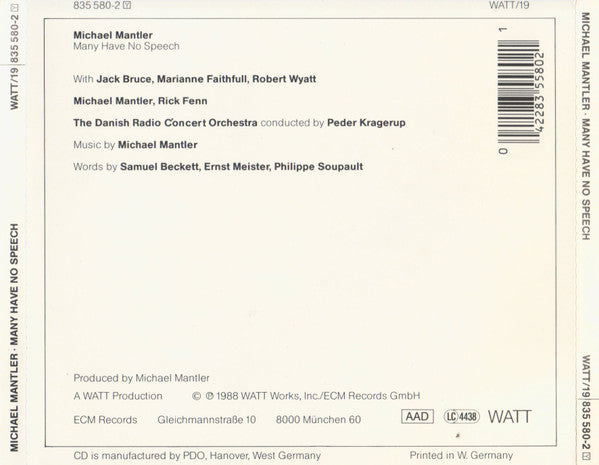 Michael Mantler – Many Have No Speech CD