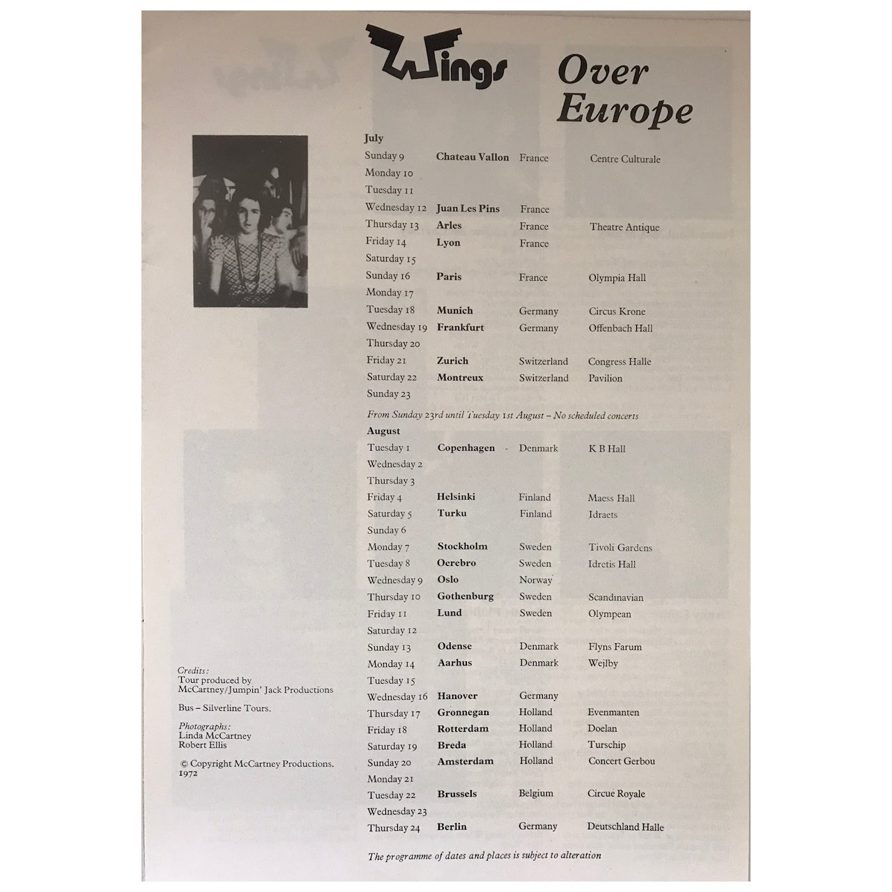 Wings - Wings Over Europe 1972 Original Concert Tour Program