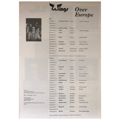Wings - Wings Over Europe 1972 Original Concert Tour Program