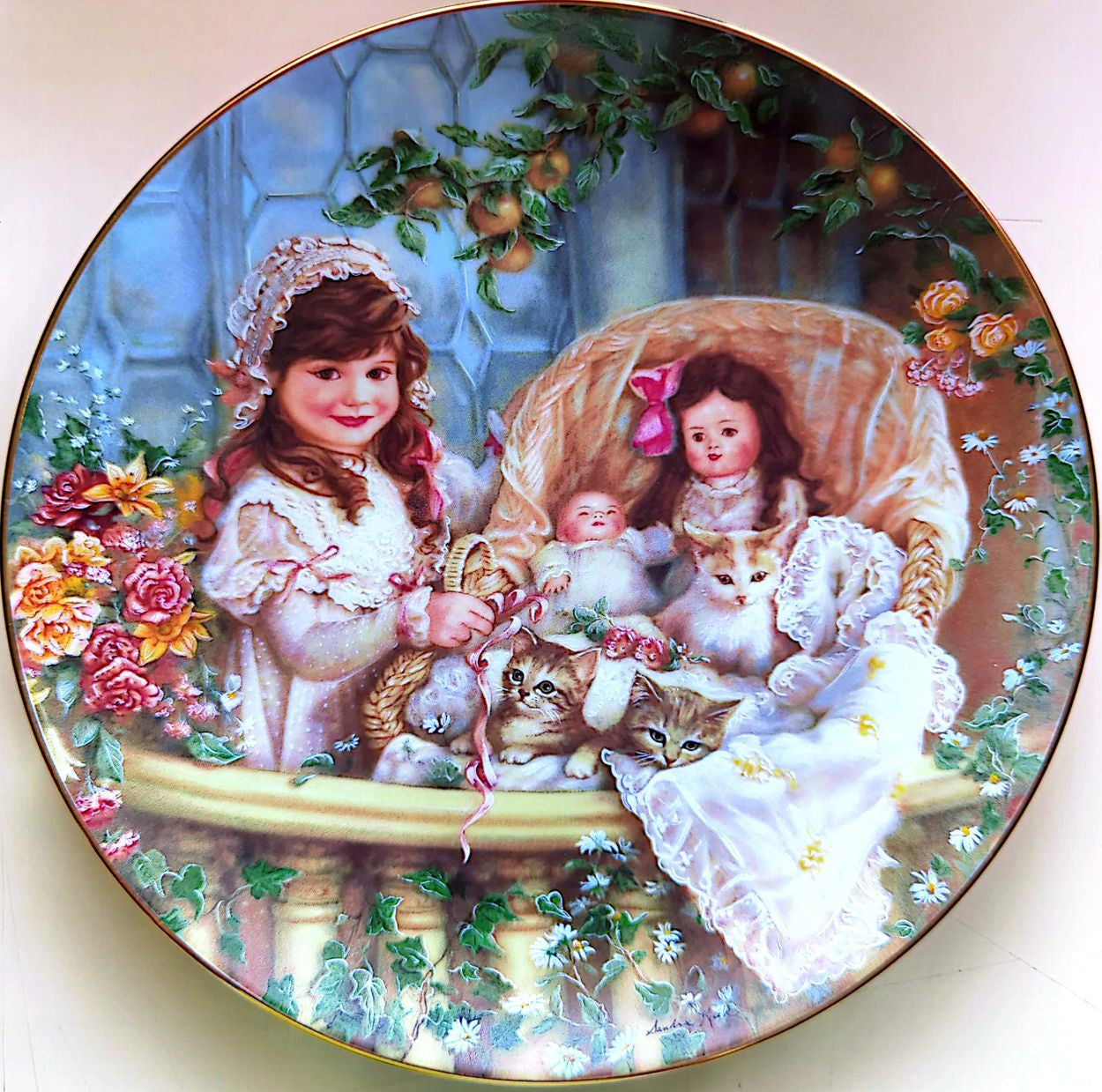 Sandra Kuck - Vintage 1991 Reco Hearts & Flowers Cats In The Cradle Plate #184G + COA (No Box)